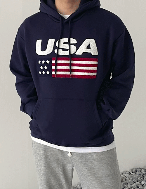 USA 오버핏 부클 자수 기모 후드 (3color)